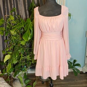 Pink Casual Long Lantern Sleeve Dresses Square Neck Ruffle Tie Back Elastic